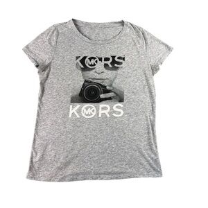 Michael Michael Kors Gray Graphic Print Cotton Blend T-Shirt Size M